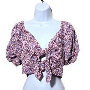 Wild Fable Crop Top Large Smocked Keyhole Tie Floral Bloomcore Cottagecore Boho
